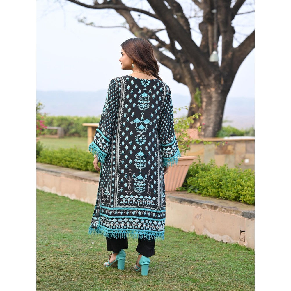 Mahee Jaipur Black Lacy Block Print Muslin Kurta With Pant And Dupatta