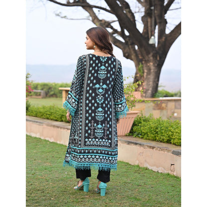 Mahee Jaipur Black Lacy Block Print Muslin Kurta With Pant And Dupatta