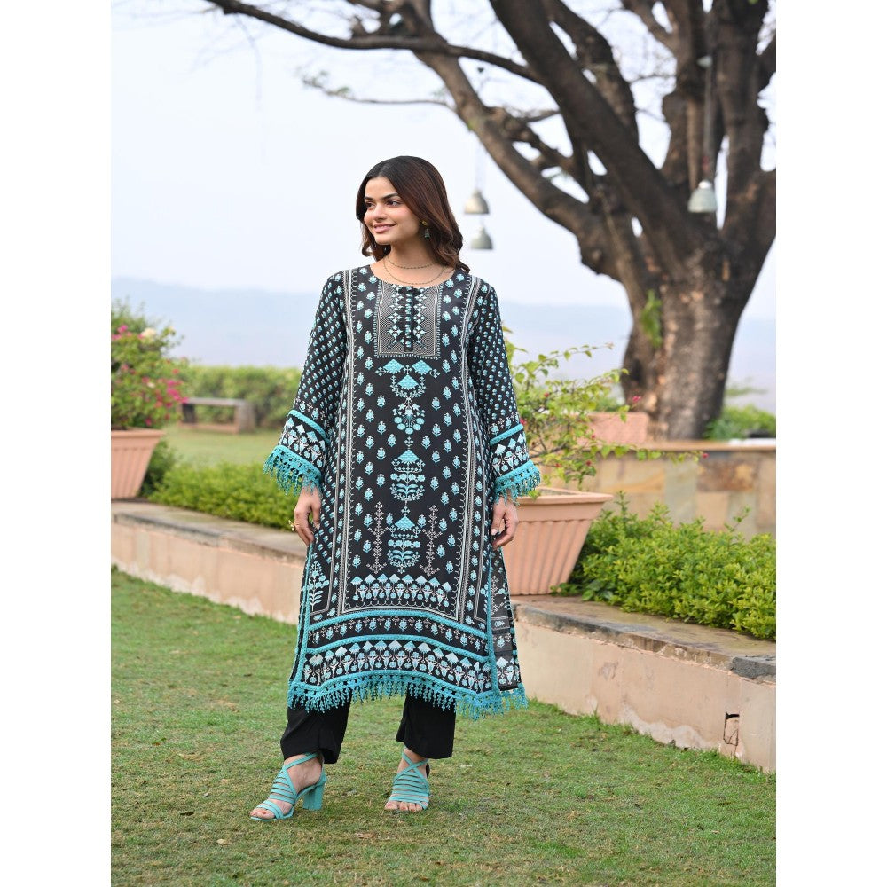 Mahee Jaipur Black Lacy Block Print Muslin Kurta With Pant And Dupatta