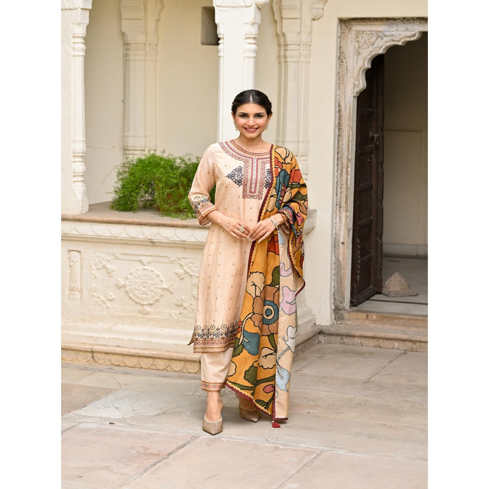 Mahee Jaipur Beige Pure Kalamkari Kurta With Pant And Dupatta