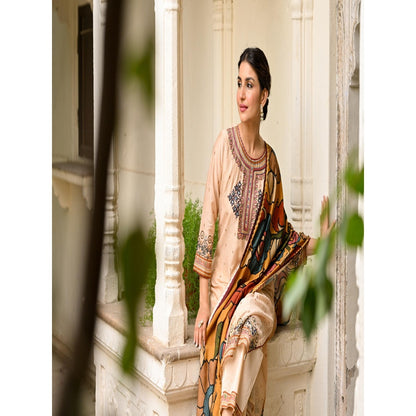 Mahee Jaipur Beige Pure Kalamkari Kurta With Pant And Dupatta