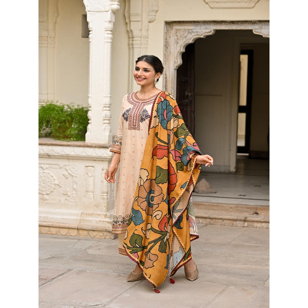 Mahee Jaipur Beige Pure Kalamkari Kurta With Pant And Dupatta