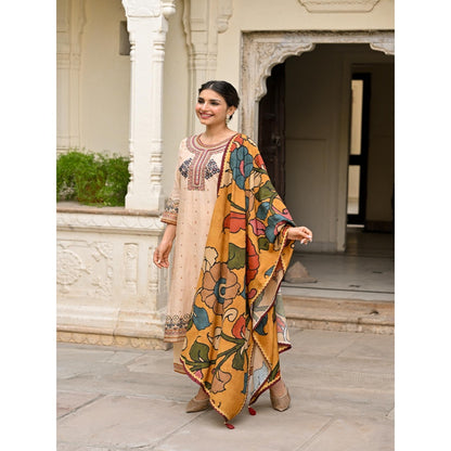 Mahee Jaipur Beige Pure Kalamkari Kurta With Pant And Dupatta