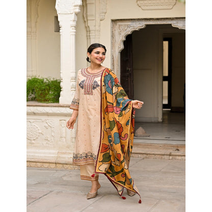 Mahee Jaipur Beige Pure Kalamkari Kurta With Pant And Dupatta