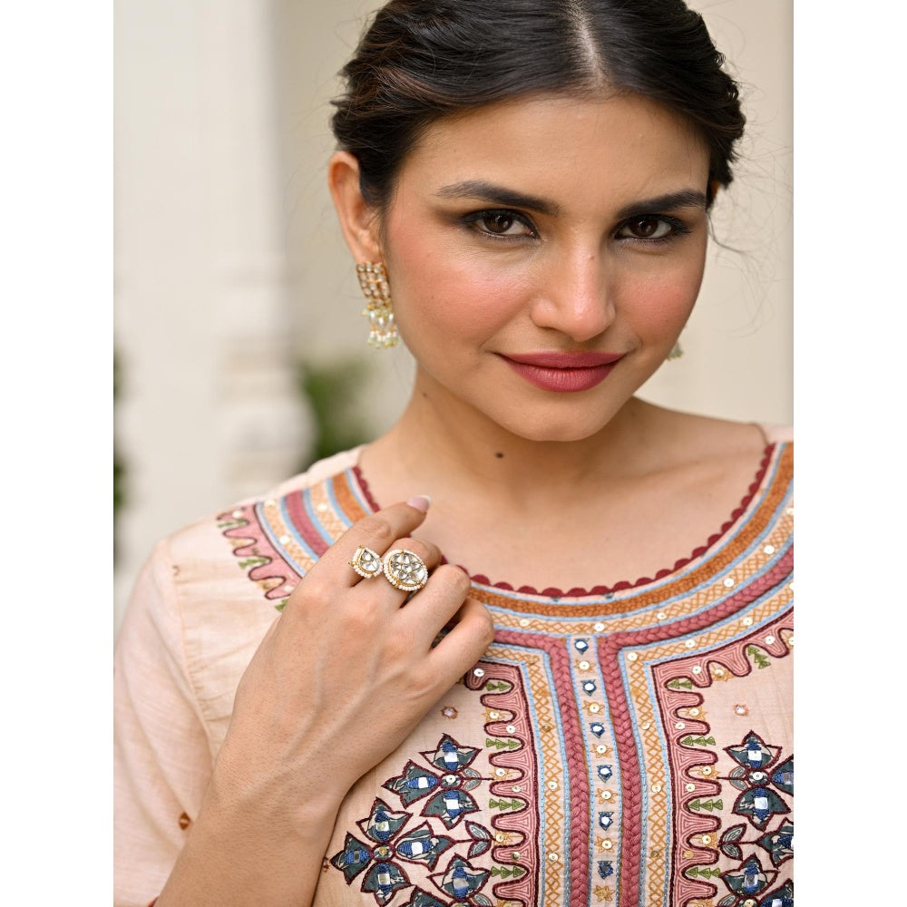 Mahee Jaipur Beige Pure Kalamkari Kurta With Pant And Dupatta