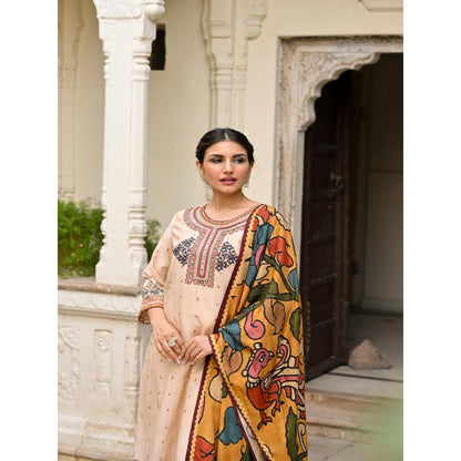 Mahee Jaipur Beige Pure Kalamkari Kurta With Pant And Dupatta