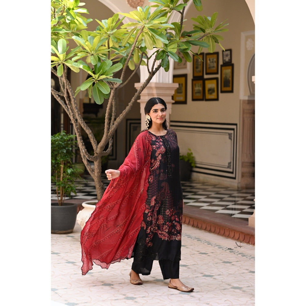 Mahee Jaipur Womens Muslin Embellished/Sequined Black Kurta with Palazzo and Dupatta