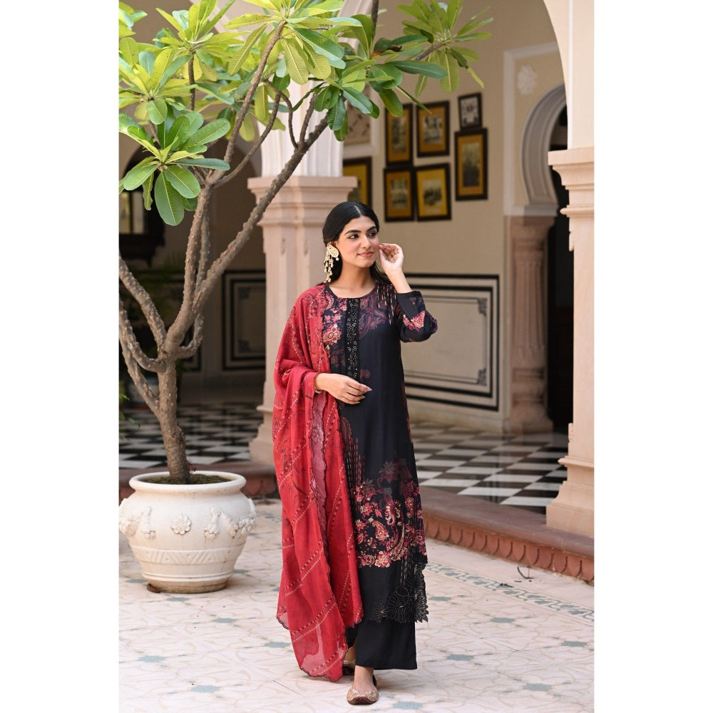 Mahee Jaipur Womens Muslin Embellished/Sequined Black Kurta with Palazzo and Dupatta