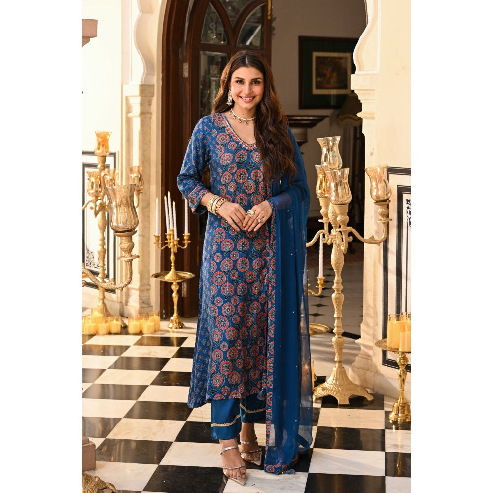Mahee Jaipur Pure Chiffon Muslin Ajrakh Gota Work Kurta with Pant & Dupatta