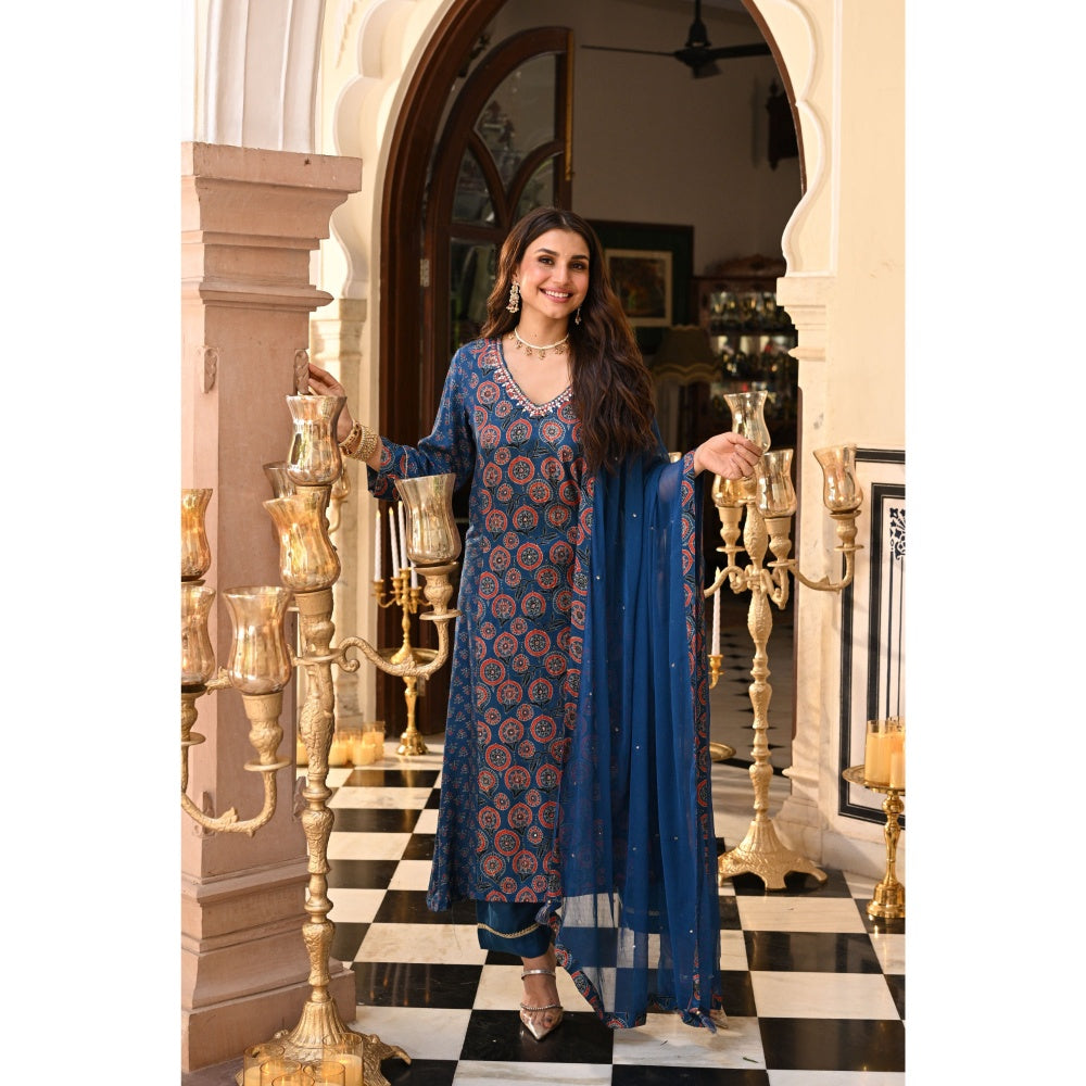 Mahee Jaipur Pure Chiffon Muslin Ajrakh Gota Work Kurta with Pant & Dupatta