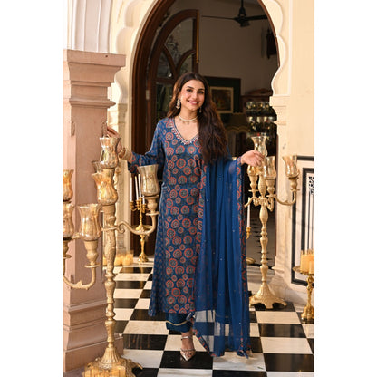 Mahee Jaipur Pure Chiffon Muslin Ajrakh Gota Work Kurta with Pant & Dupatta
