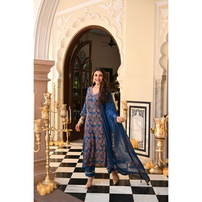 Mahee Jaipur Pure Chiffon Muslin Ajrakh Gota Work Kurta with Pant & Dupatta
