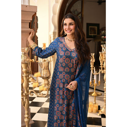 Mahee Jaipur Pure Chiffon Muslin Ajrakh Gota Work Kurta with Pant & Dupatta