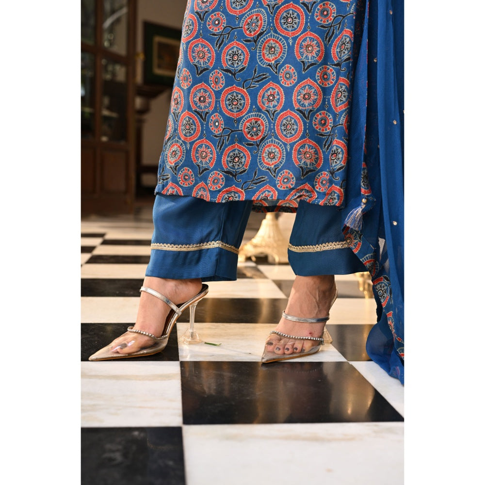 Mahee Jaipur Pure Chiffon Muslin Ajrakh Gota Work Kurta with Pant & Dupatta