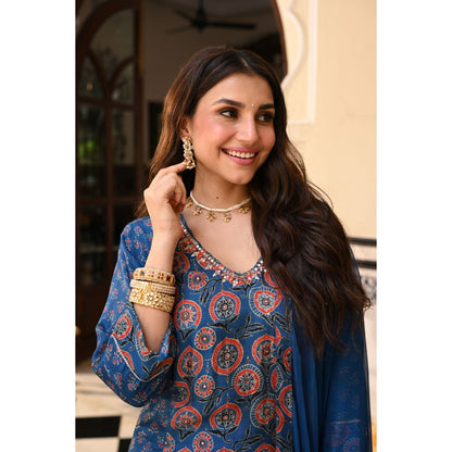Mahee Jaipur Pure Chiffon Muslin Ajrakh Gota Work Kurta with Pant & Dupatta