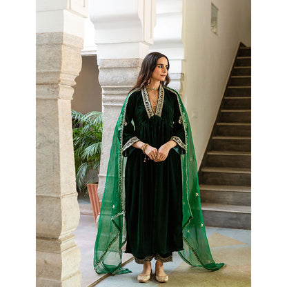 Maison Shefali Khizaan Panna - Velvet Embroidered Anarkali with Pant & Dupatta (Set of 3)