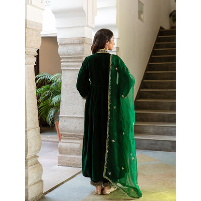 Maison Shefali Khizaan Panna - Velvet Embroidered Anarkali with Pant & Dupatta (Set of 3)