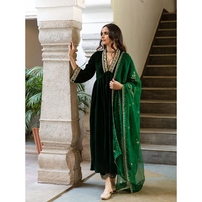 Maison Shefali Khizaan Panna - Velvet Embroidered Anarkali with Pant & Dupatta (Set of 3)