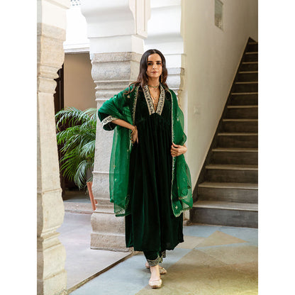 Maison Shefali Khizaan Panna - Velvet Embroidered Anarkali with Pant & Dupatta (Set of 3)