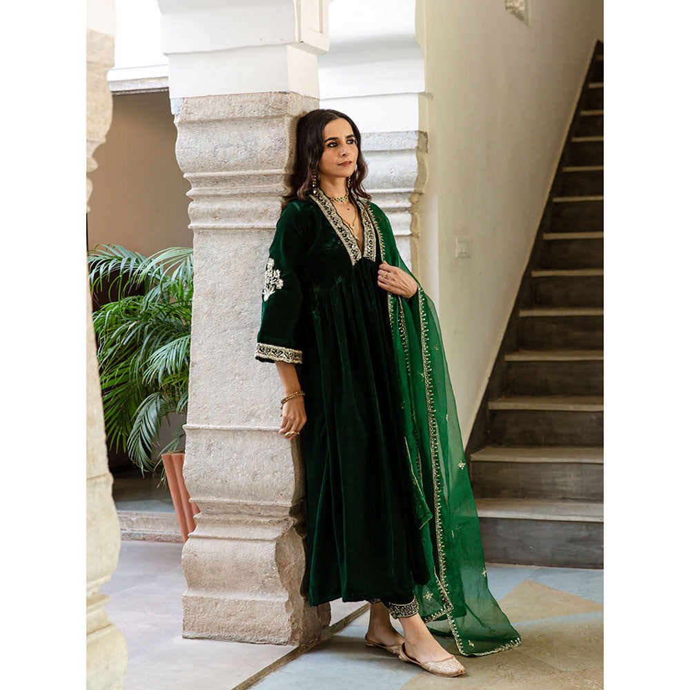 Maison Shefali Khizaan Panna - Velvet Embroidered Anarkali with Pant & Dupatta (Set of 3)