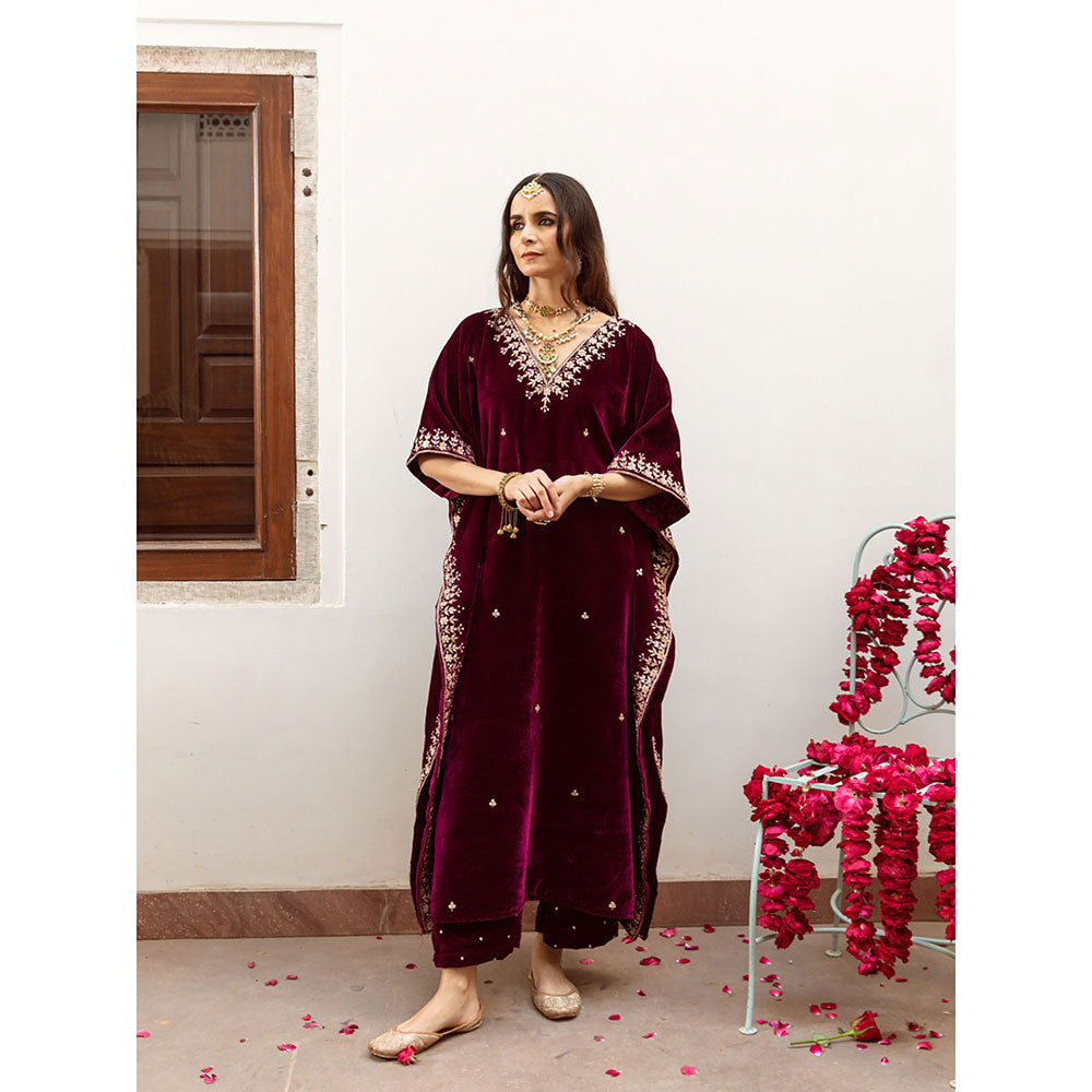 Maison Shefali Ibtida - Velvet Embroidered Kaftan with Pant (Set of 2)