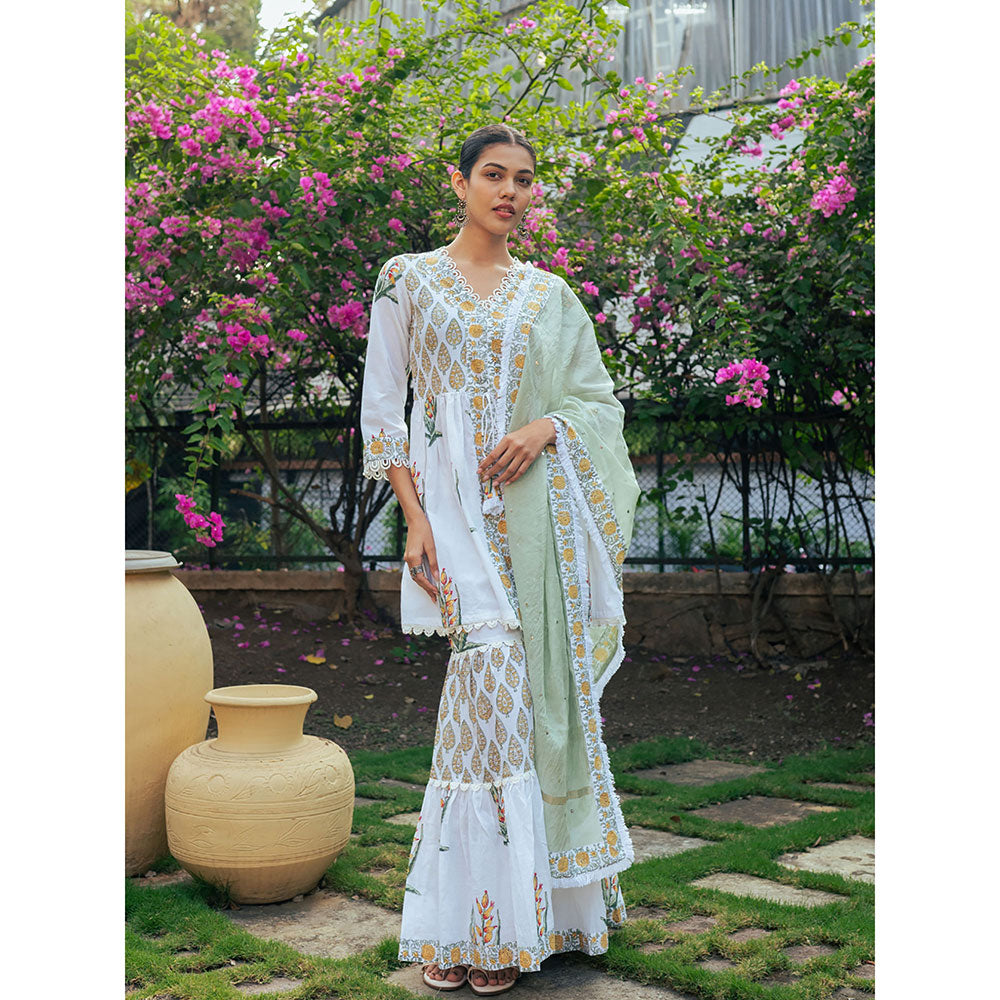 Maison Shefali White and Yellow Block Printed Kurta Dupatta Sharara (Set of 3)