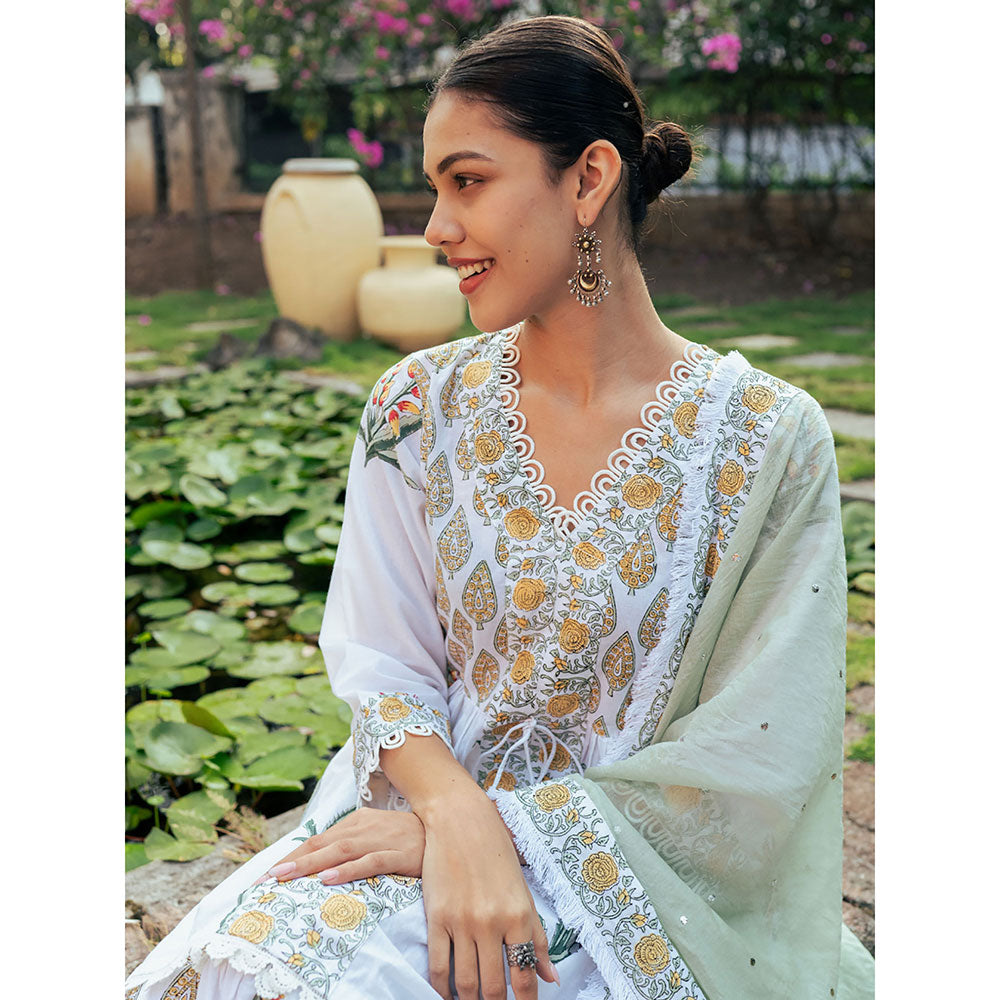 Maison Shefali White and Yellow Block Printed Kurta Dupatta Sharara (Set of 3)