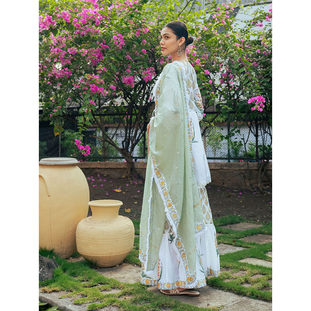 Maison Shefali White and Yellow Block Printed Kurta Dupatta Sharara (Set of 3)