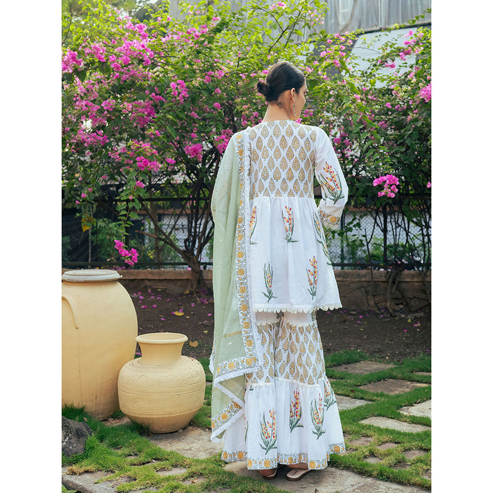 Maison Shefali White and Yellow Block Printed Kurta Dupatta Sharara (Set of 3)