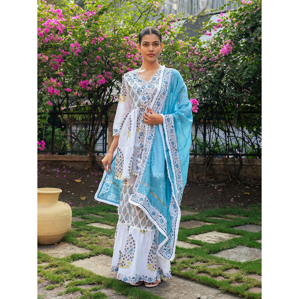 Maison Shefali White and Blue Block Printed Kurta Dupatta Sharara (Set of 3)