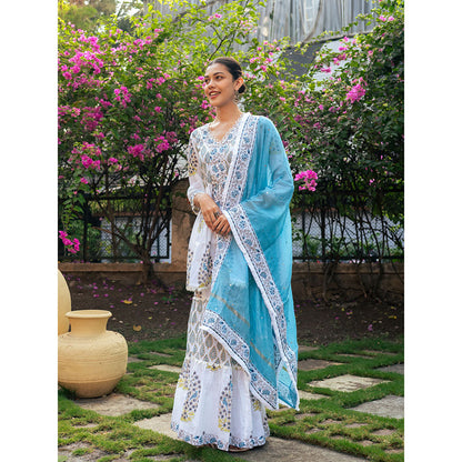 Maison Shefali White and Blue Block Printed Kurta Dupatta Sharara (Set of 3)
