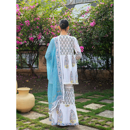 Maison Shefali White and Blue Block Printed Kurta Dupatta Sharara (Set of 3)