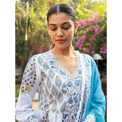 Maison Shefali White and Blue Block Printed Kurta Dupatta Sharara (Set of 3)