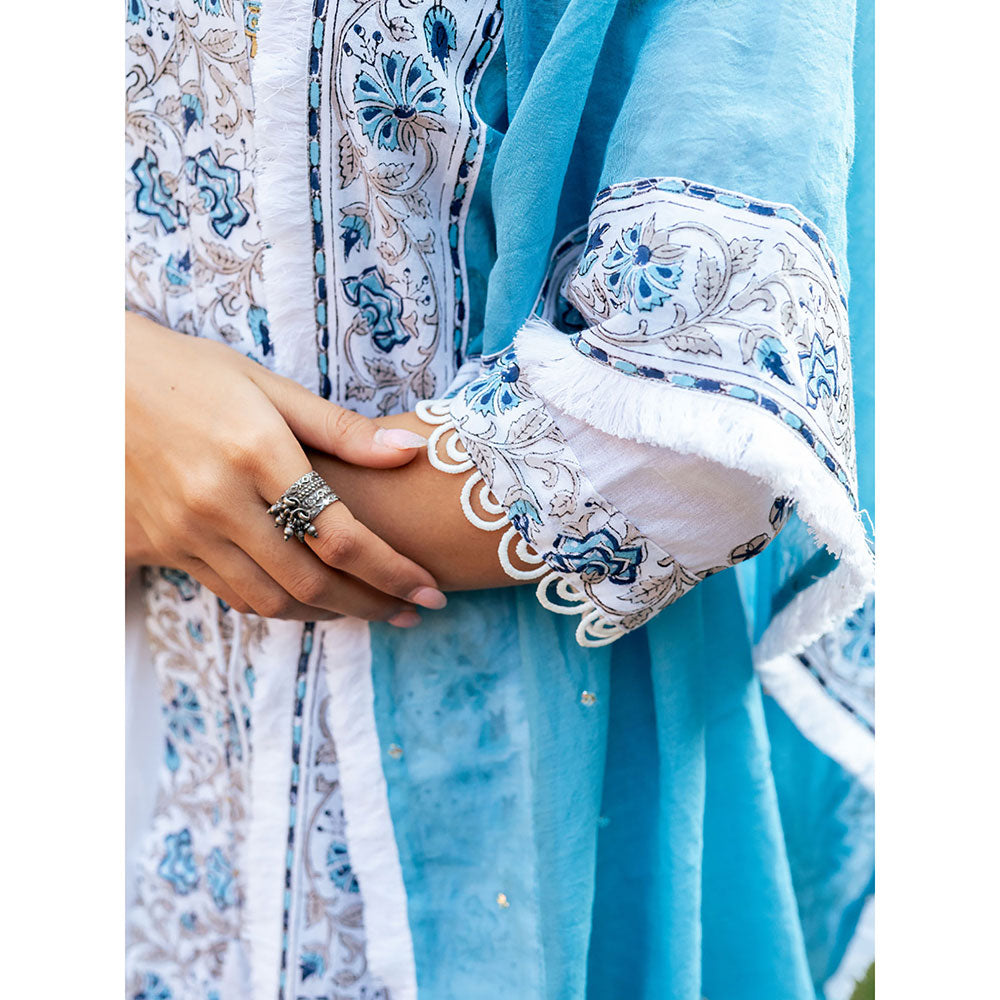 Maison Shefali White and Blue Block Printed Kurta Dupatta Sharara (Set of 3)