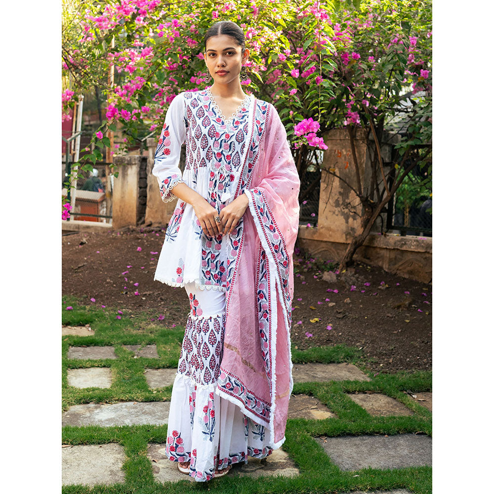 Maison Shefali White and Pink Block Printed Kurta Dupatta Sharara (Set of 3)