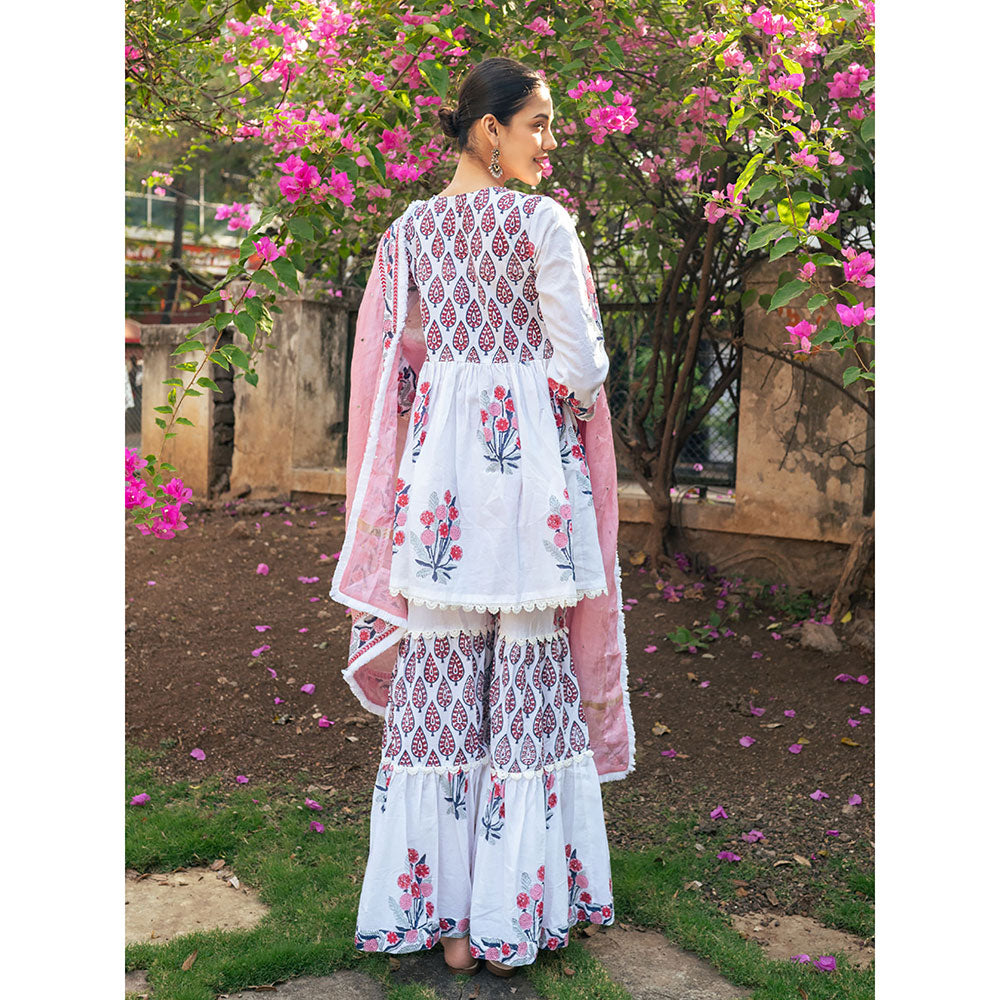 Maison Shefali White and Pink Block Printed Kurta Dupatta Sharara (Set of 3)