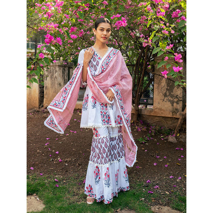 Maison Shefali White and Pink Block Printed Kurta Dupatta Sharara (Set of 3)
