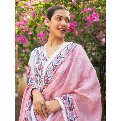 Maison Shefali White and Pink Block Printed Kurta Dupatta Sharara (Set of 3)