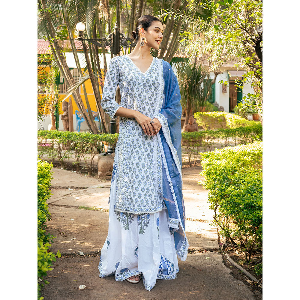 Maison Shefali White & Blue Hand Block Printed Kurta and Skirt with Dupatta (Set of 3)