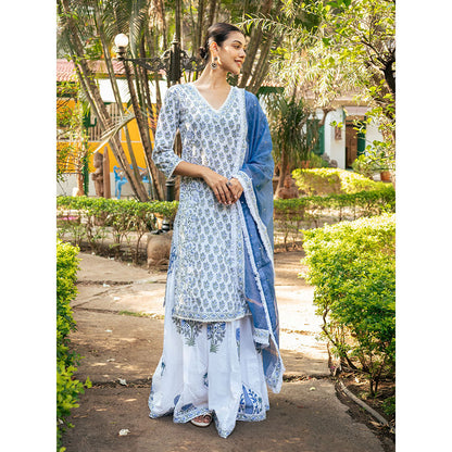Maison Shefali White & Blue Hand Block Printed Kurta and Skirt with Dupatta (Set of 3)