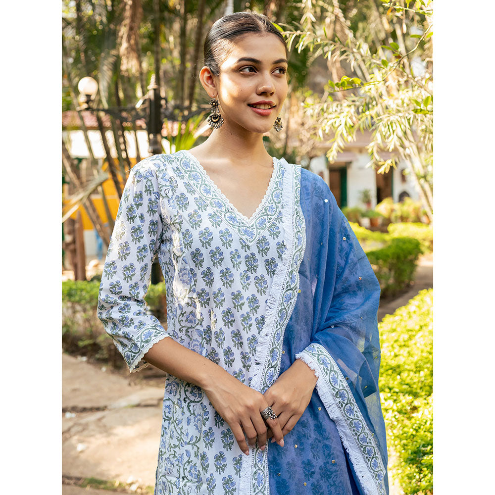 Maison Shefali White & Blue Hand Block Printed Kurta and Skirt with Dupatta (Set of 3)