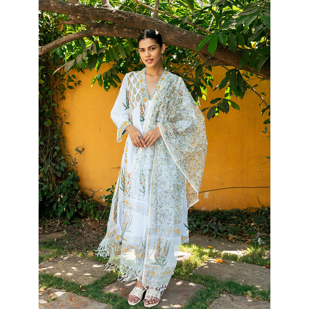 Maison Shefali White & Yellow Hand Block Printed Kurta and Pants with Dupatta (Set of 3)