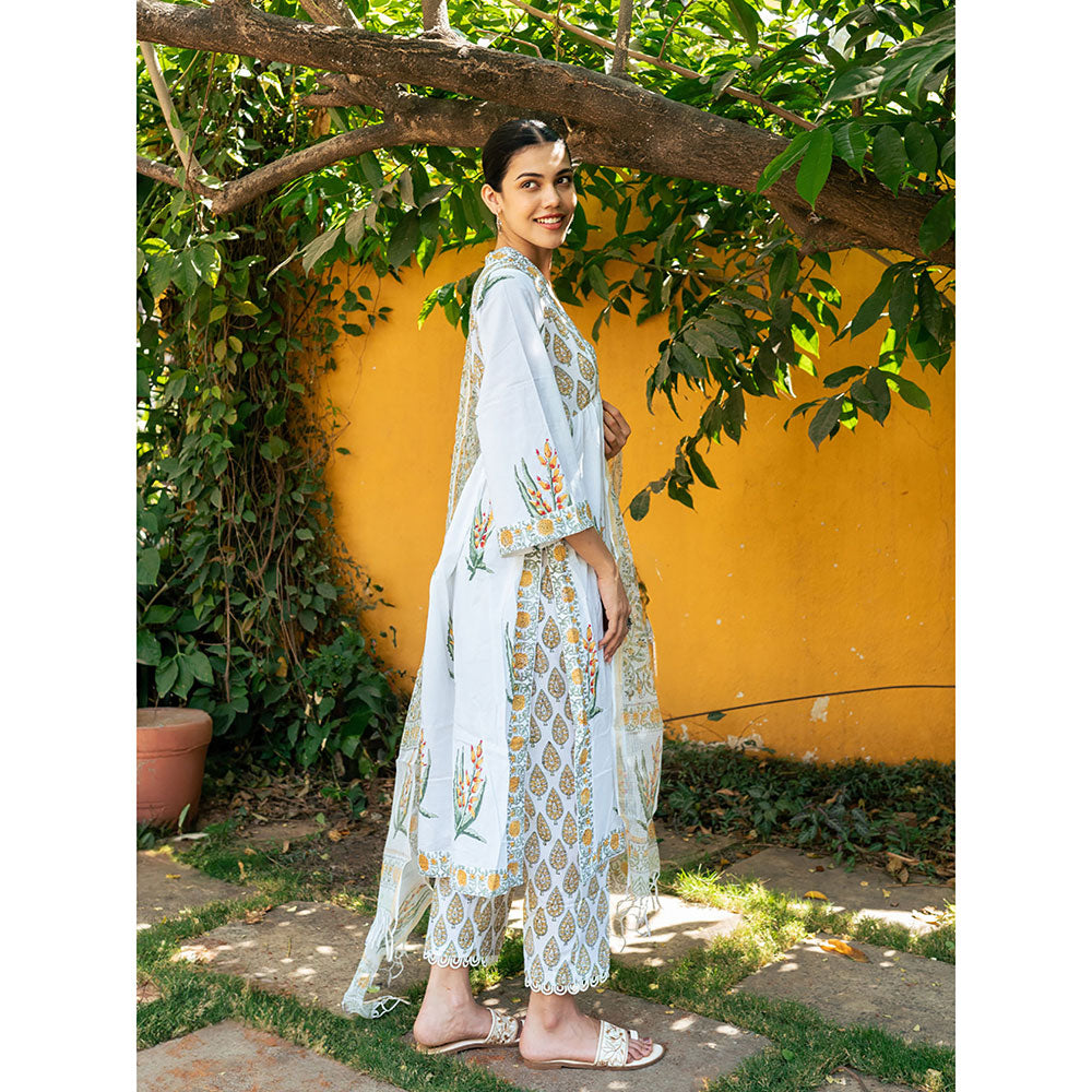 Maison Shefali White & Yellow Hand Block Printed Kurta and Pants with Dupatta (Set of 3)