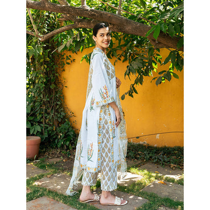Maison Shefali White & Yellow Hand Block Printed Kurta and Pants with Dupatta (Set of 3)