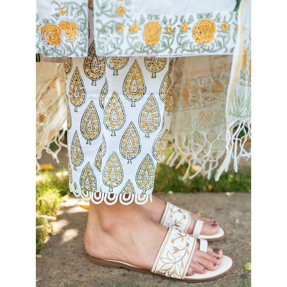 Maison Shefali White & Yellow Hand Block Printed Kurta and Pants with Dupatta (Set of 3)