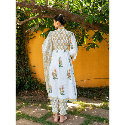 Maison Shefali White & Yellow Hand Block Printed Kurta and Pants with Dupatta (Set of 3)