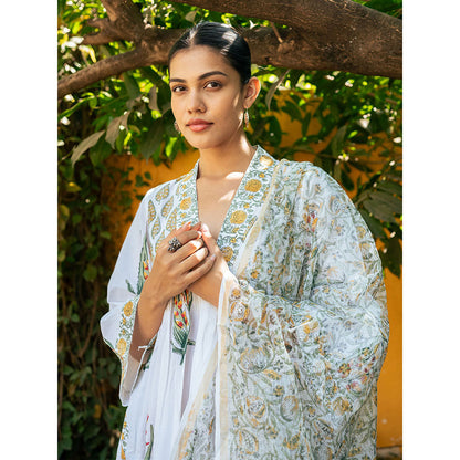 Maison Shefali White & Yellow Hand Block Printed Kurta and Pants with Dupatta (Set of 3)