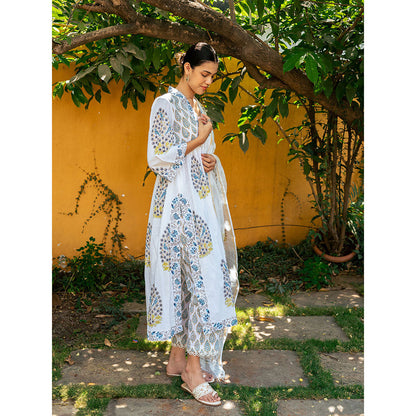 Maison Shefali White & Blue Hand Block Printed Kurta and Pants with Dupatta (Set of 3)