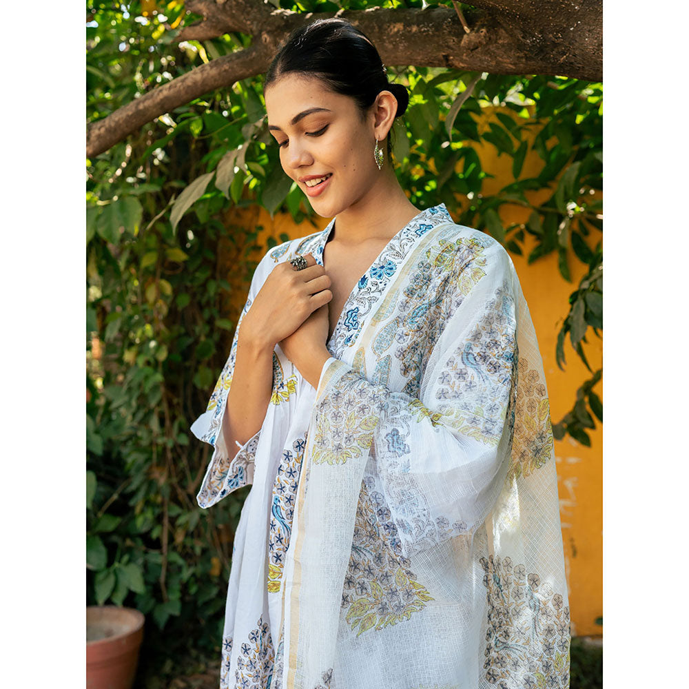 Maison Shefali White & Blue Hand Block Printed Kurta and Pants with Dupatta (Set of 3)