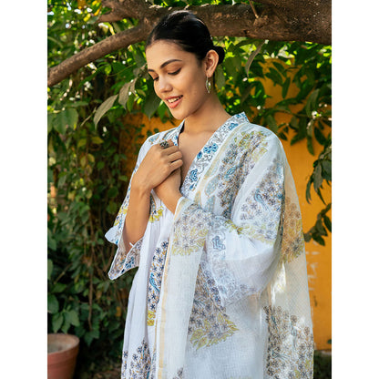 Maison Shefali White & Blue Hand Block Printed Kurta and Pants with Dupatta (Set of 3)